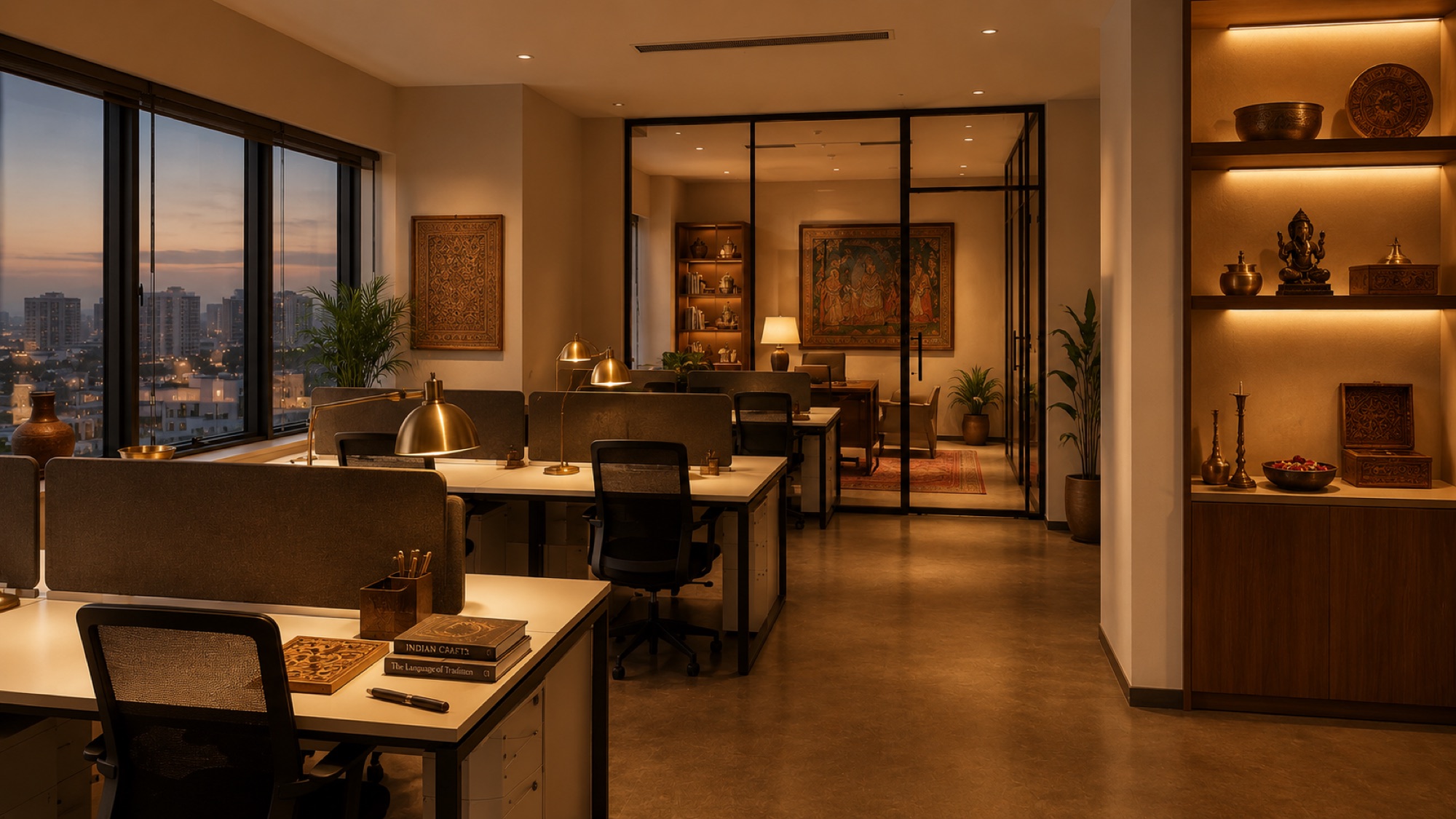 The same office after Indian handicrafts have been placed in it